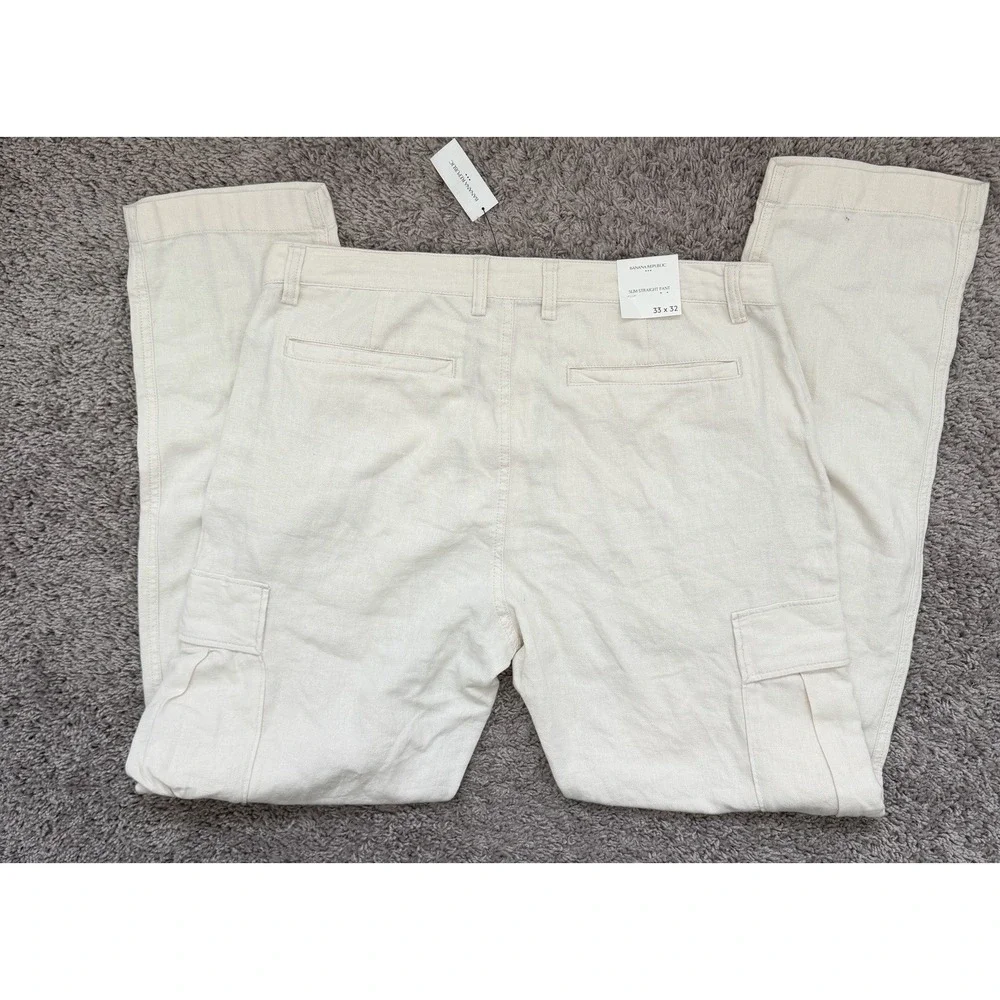 Banana Republic Cargo Pants Mens 33 X 32 Beige Slim Straight Linen Blend NWT